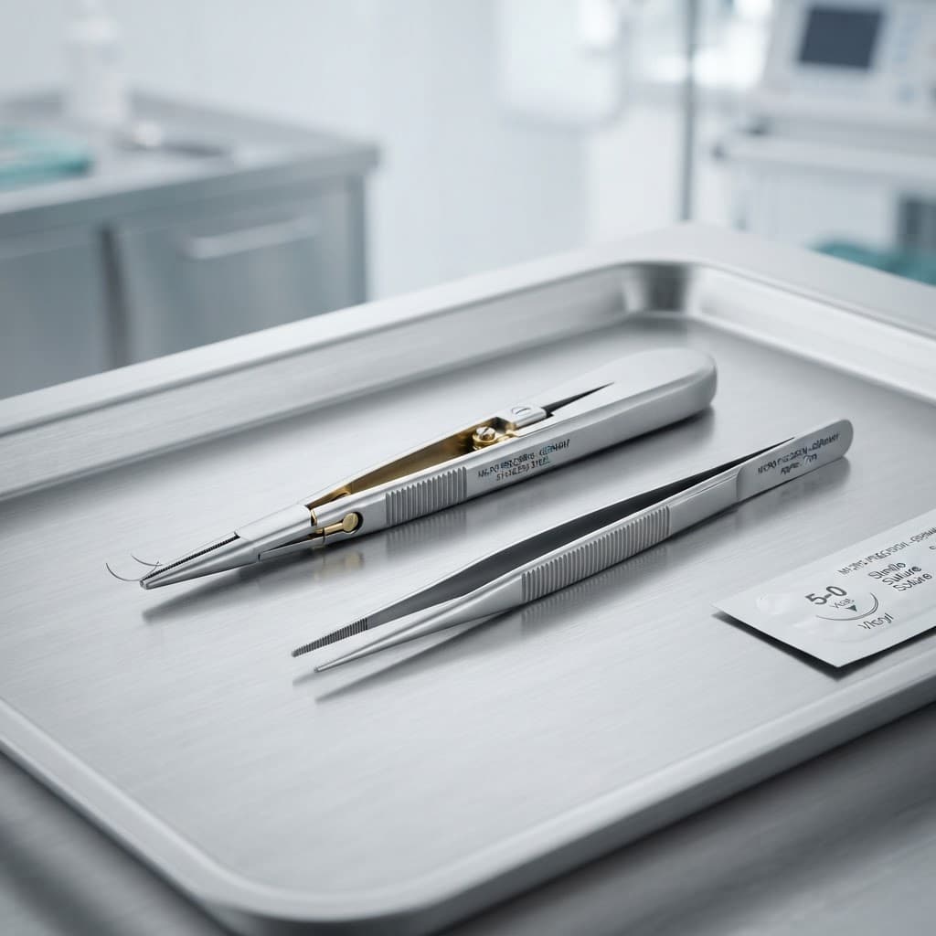 Micro-suture forceps on a steel tray